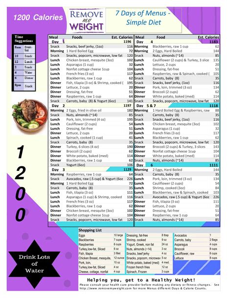 1200 Calorie Food List Printable