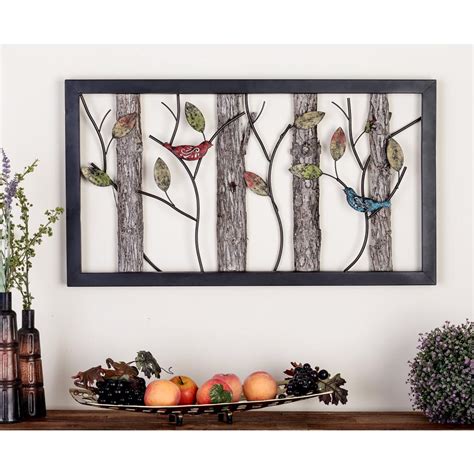 Over 80% new & buy it now; Litton Lane Natural Tin and Wood Multi-Colored Birds on Vines Wall Plaque-48636 - The Home Depot