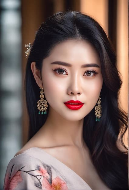 Premium AI Image A Photo Of Beautiful Asian Woman Black Hair And Red Lips
