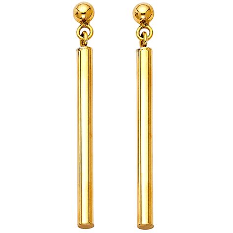 Solid 14k Yellow Gold Bar Dangle Earrings Round Posts Polished Fashion