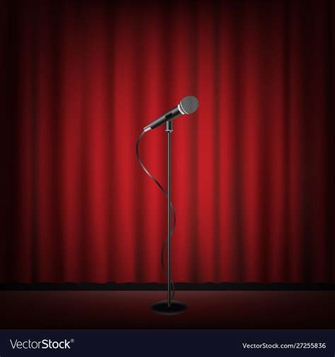 Microphone Stand On Stage Red Curtain Background Vector Image