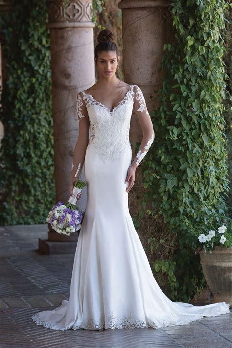 satin fit and flare gown with detachable long sleeves style 4015 wedding dresses sincerity