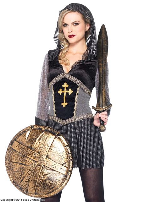 Female Knight Joan Of Arc Costume Dress Faux Leather Hood Cross