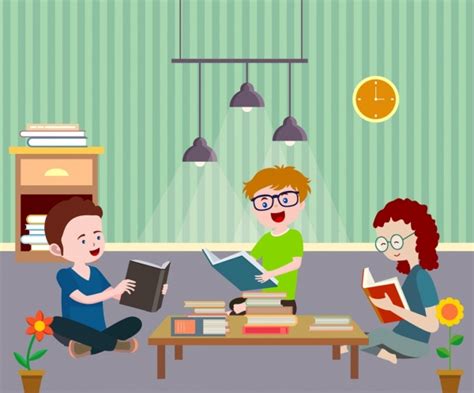 Study Drawing Youth Reading Book Colored Cartoon Vectors Graphic Art