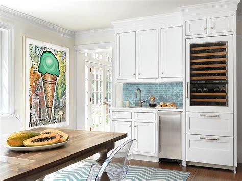 Mosaic, subway, backsplash, bath tile and more. White Beach House Kitchen with Linear Glass Backsplash ...