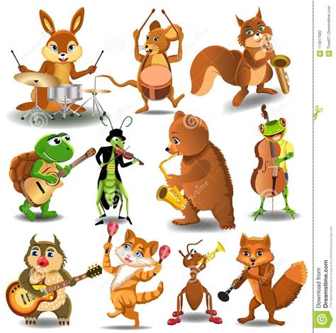 Cartoon Collection of Wild Animals Playing Instruments Stock Vector