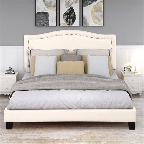 Bedroom Upholstered Queen Platform Bed Frame Linen Headboard With
