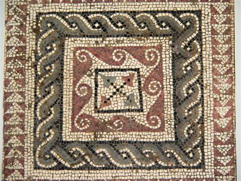 You can see the concentric circles easily enough, the lines that curve out from the centre are not based on any part of a circle but alter direction incrementally as the go outward. Roman mosaic square from a larger pattern of geometric ...