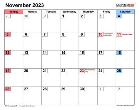 November 2023 Calendar Templates For Word Excel And Pdf