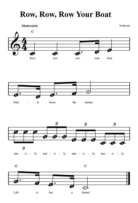 Row Row Row Your Boat Beginner Sheet Music With Chords And Lyrics