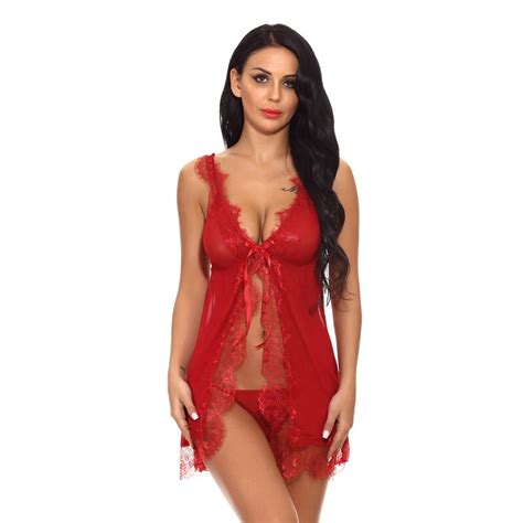 Lace Mesh Sexy Nightgowns Women Night Gown Female Night Dress And String Set Deep V Summer