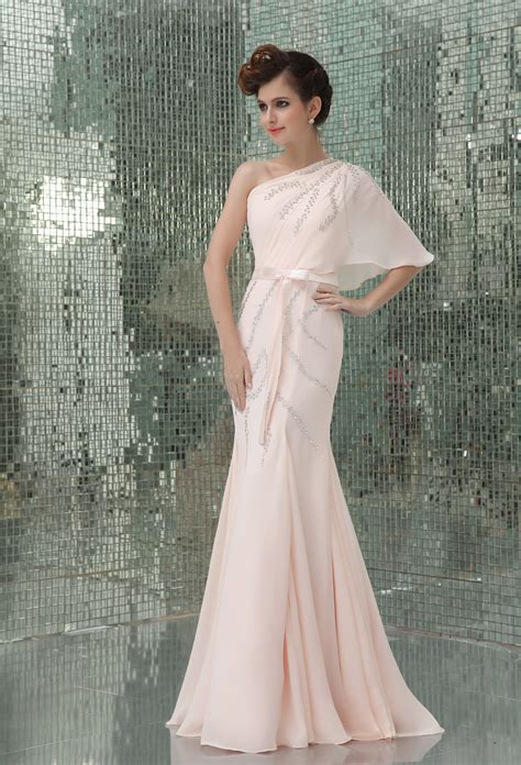 Elegant Pink Chiffon Sequin One Shoulder Sexy Evening Dress Eido