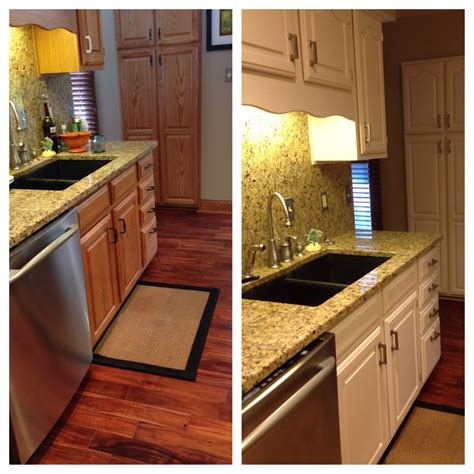 Pickled oak cabinets with granite tops | undermount stainless sink and stainless and black appliances. Painted oak cabinets before and after....looks so much ...