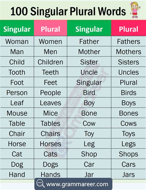 100 singular and plural words in English, Singular and plural words