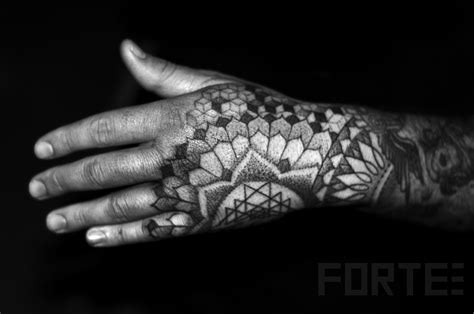 This can go from the completely abstract, to a different kind of interpretation of a famous image. Sacred geometry hand tattoo on JDotColombo | Dillon Forte ...
