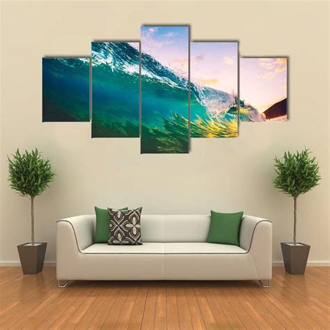 Ocean Wave At Sunset Nature 5 Panel Canvas Art Wall