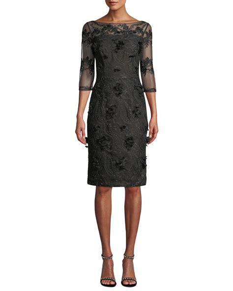 David Meister Illusion Cocktail Dress W 3d Embroidery Neiman Marcus