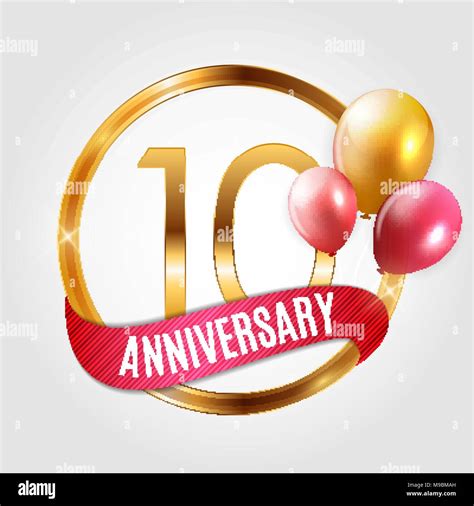 Plantilla De Logotipo De Oro 10 Años Aniversario Con Cinta Y Globos