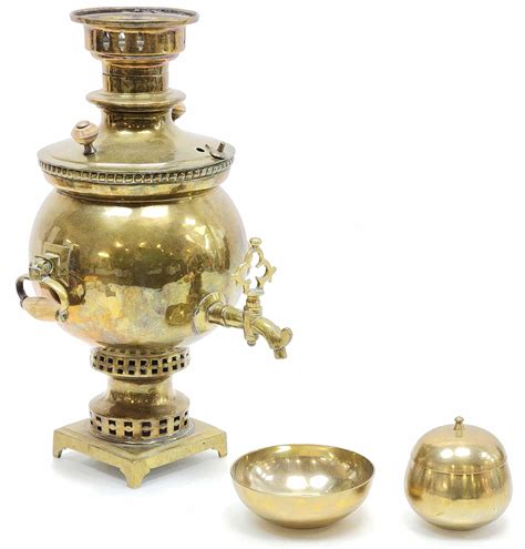 Lot Vintage Russian Brass Samovar With Drip Bowl And Jar