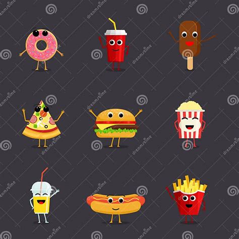 Set Of Funny Fast Food Characters Isolated On Background Cute Cartoon