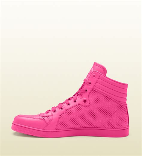 Lyst Gucci Neon Pink Leather Hightop Sneakers In Pink For Men
