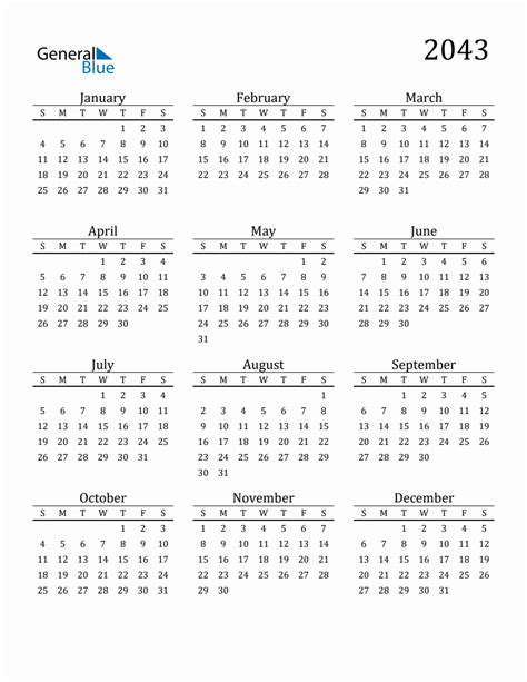 Year 2043 Free Printable 12 Month Calendar