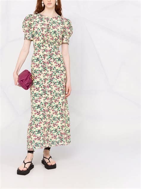 Saloni Bianca Floral Print Puff Sleeve Long Dress Farfetch