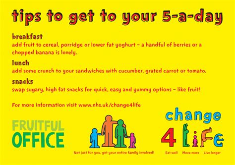 Be physically active, eat healthily, adopt healthy sleep habits, limit their sedentary . Fruitful Office is a proud national partner of NHS's ...