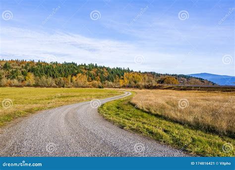 Winding Dirt Road Among Meadows In Columbia Gorge In Autumn Stock Image