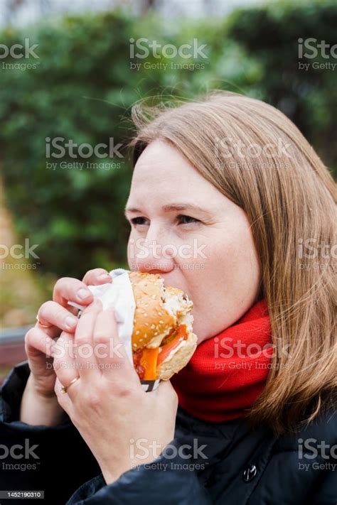 Girlwoman Eating Big Hamburgercheeseburgerjunk Fatty Tasty Street Foodtake Away Burgerlunch