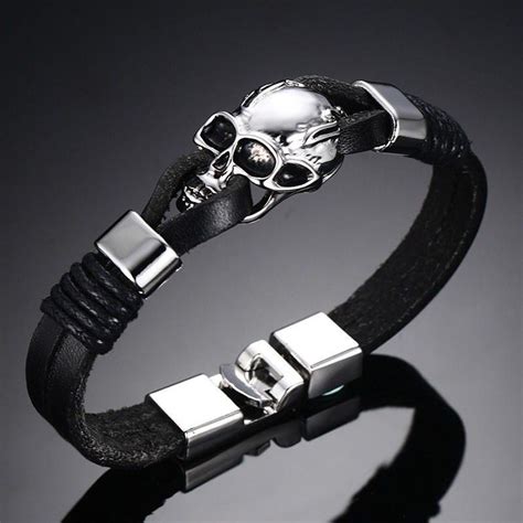 Mens Black Leather Skull Bracelet