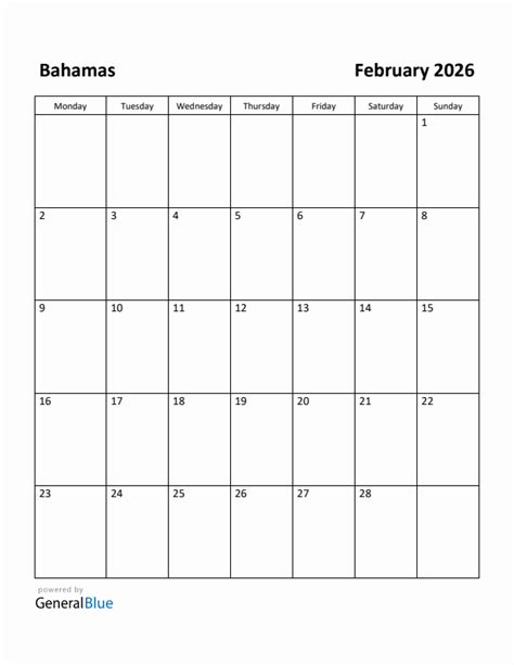 Free Printable February 2026 Calendar For Bahamas