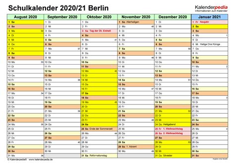 Feiertage sind rot markiert, schulferientage grün. Schulkalender 2020/2021 Berlin für Excel