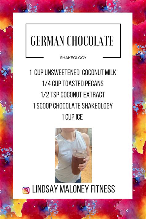 Chocolate shakeology + 1 cup almond or coconut milk + 1/2 tsp caramel extract + 1/2 tsp coconut. German Chocolate Cake Shakeology-- Chocolate Shakeology ...