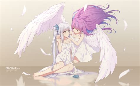 2girls Angel Barefoot Bicoloredeyes Breasts Cleavage Dress Feathers