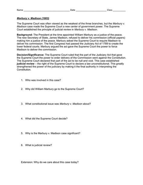 Equal representationin state government court ruling Marbury V Madison 1803 Worksheet Answers | Kids Activities