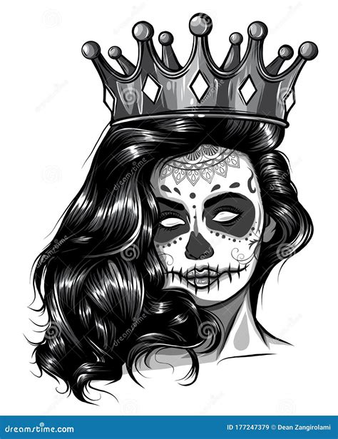 Monochromatic Skull Girl With A Crown Vector Illustration Design Stock