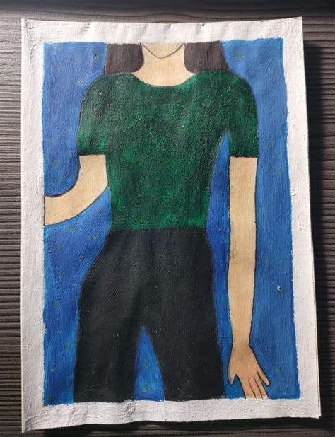 A Painting Of A Woman In Green Shirt And Black Pants With Her Hands On