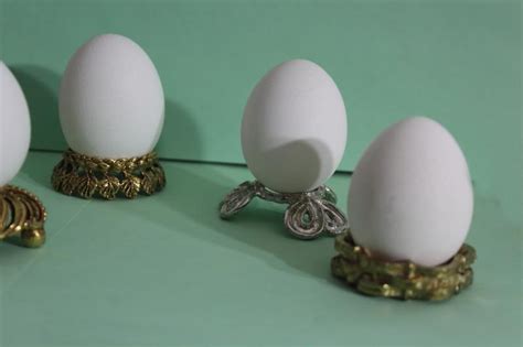 Six Ornate Metal Egg Holders Vintage Ornamental Stands For Decorative Eggs