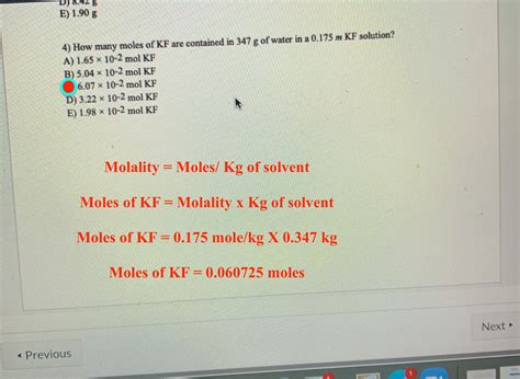 Jul 02, 2019 · one molecule of water has 2 atoms of hydrogen and one atom of oxygen. Solved E) 1.90 g 4) How many moles of KF are contained ...