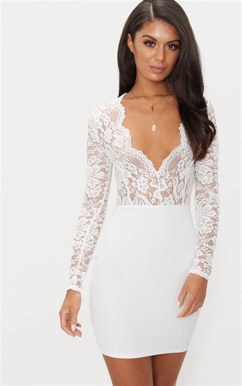 White Lace Top Long Sleeve Bodycon Dress Prettylittlething Aus