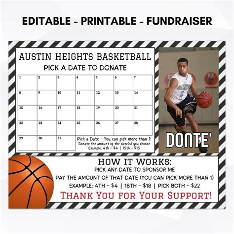 Premium Basketball Pick A Date To Donate Cash Calendar Fundraiser In