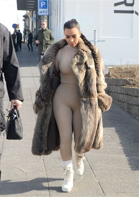 Kim Kardashian In Catsuit And Fur Coat Gotceleb