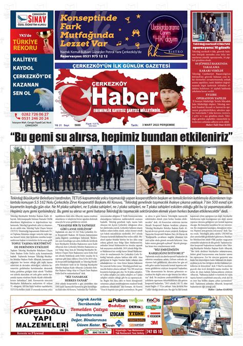 03 Mart 2022 tarihli Çerkezköy Haber Gazete Manşetleri