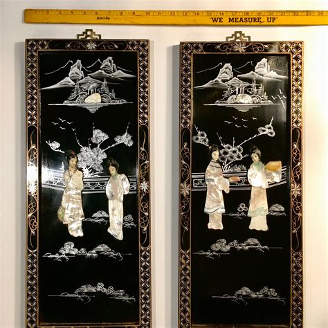 Vintage Asian Black Lacquer Wall Art Mother Or Pearl Inlaid Etsy