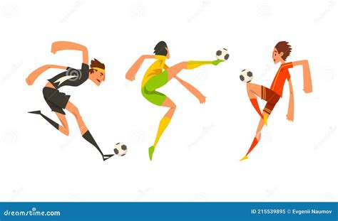 Soccer Players In Action Set Athletes Characters In Sports Uniform