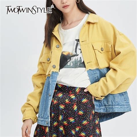 Twotwinstyle Patchwork Denim Jacket For Women Lapel Long Sleeve Single Breasted Hit Color