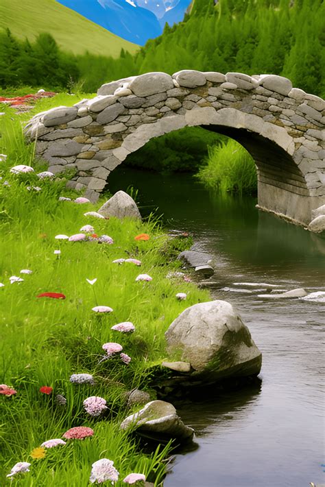 Old Stone Bridge Over Stream Going Into A Lake · Creative Fabrica
