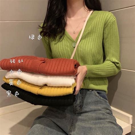 Korean Slim Knitted Cardigans Women Long Sleeve V Neck Outerwear