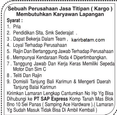 Dalam proses rekrutasi pt telkom indonesia (persero) tbk tidak memungut biaya baik secara langsung atau bekerjasama dengan pihak lain untuk menyediakan sarana transportasi dan akomodasi dengan meminta pembayaran dari peserta. Lowongan Kerja PT. SAP Express - Lowongan Kerja Batam 2021